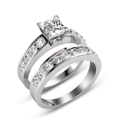 1.95CT Bridal Set with Princess and Round Cut Diamonds 