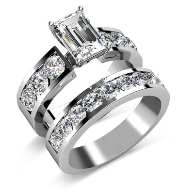 Bridal Set - 3.20CT Emerald and Round cut Engagement Ring and Wedding Band