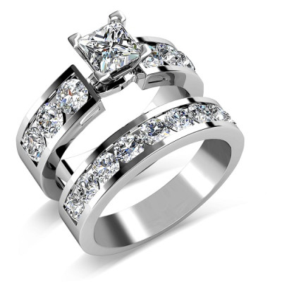 Bridal Set - 3.20CT princess and round Cut Engagement Ring and Wedding Band