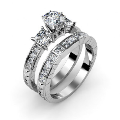Princess and Round Cut Diamond Bridal Set with 1.50CT Total Weight 