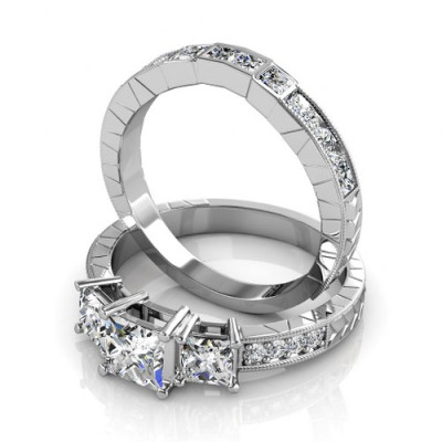 Princess and Round Cut Diamond Bridal Set with 1.50CT Total Weight 