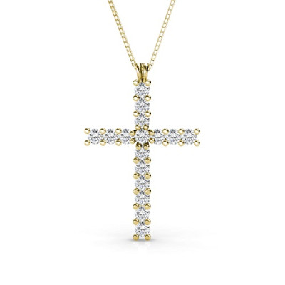 14KT Yellow Gold Religious Cross Diamond Pendant with 1.00CT (VS2-SI1 Clarity and I-J Color) Round Cut Diamonds