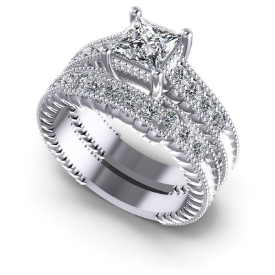 1.00CT Princess And Round Cut Diamonds Bridal Set