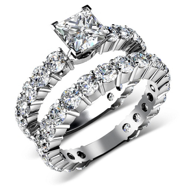 5.65CT princess and round Cut Diamonds Bridal Set