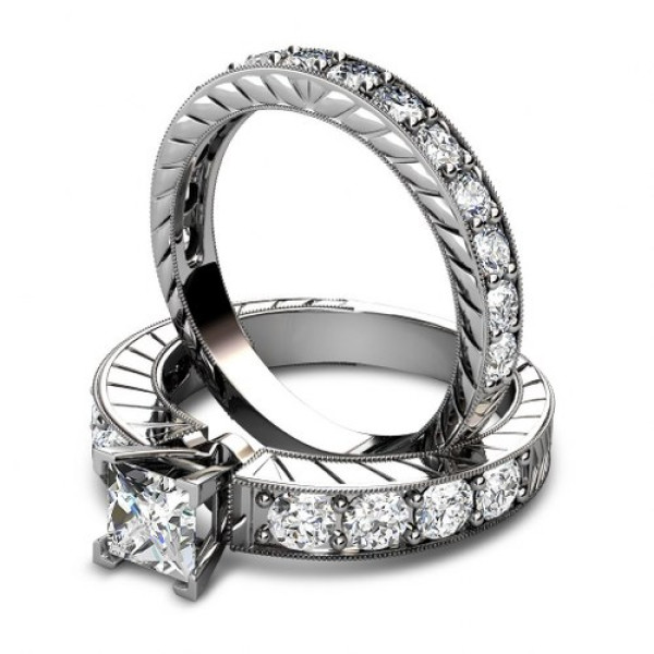 princess and round Cut Diamonds - 1.45CT Total Weight Bridal Set