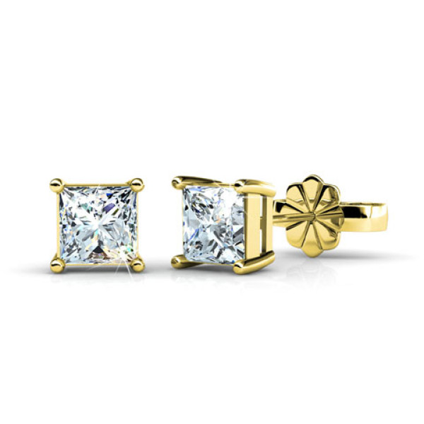 Princess Cut Diamond Stud Earrings In 14KT Yellow Gold Setting -- 0.25CT
