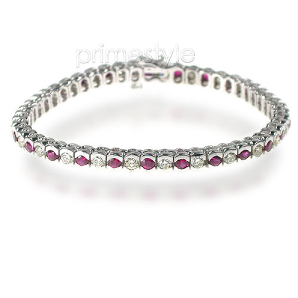 1.00CT Round Cut Diamond and Rubies Bracelet In 14KT White Gold