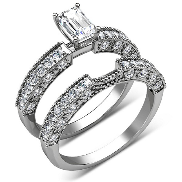 1.45CT Emerald and Round Cut Diamond Bridal Set 