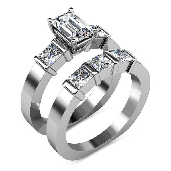 Diamond Bridal Set with 2.35CT Total Weight Emerald and Princess Cut Diamonds