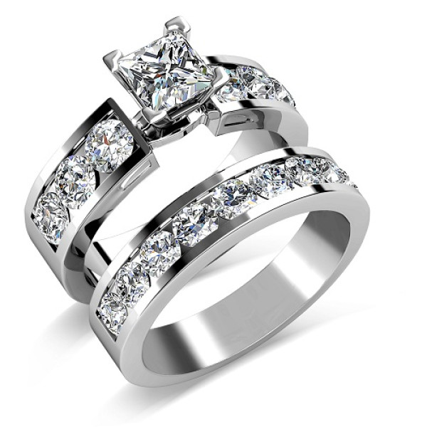 Bridal Set - 2.85CT princess and round Cut Engagement Ring and Wedding Band