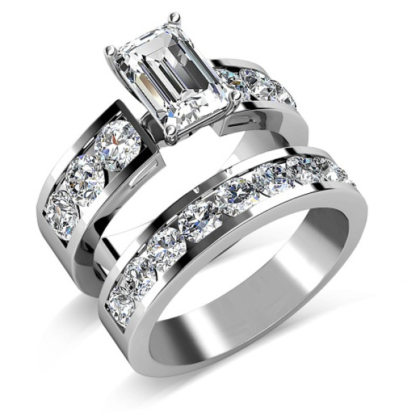 Bridal Set - 3.20CT Emerald and Round cut Engagement Ring and Wedding Band
