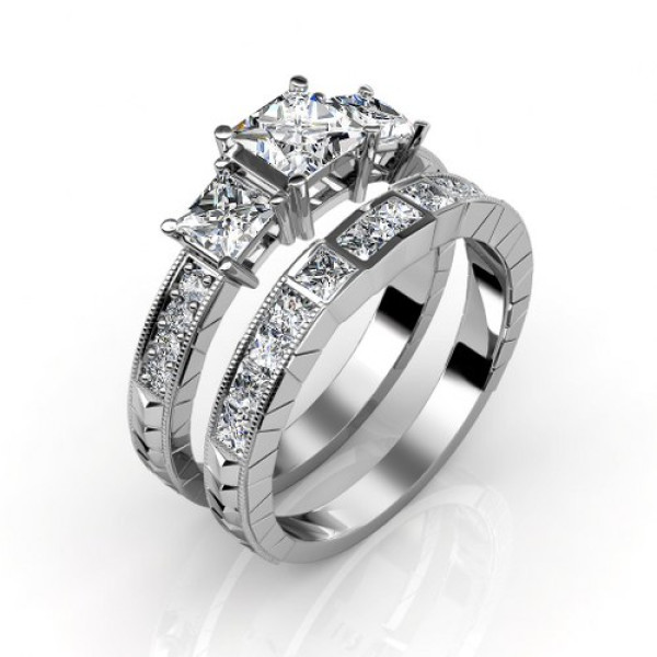 Princess and Round Cut Diamond Bridal Set with 1.85CT Total Weight 