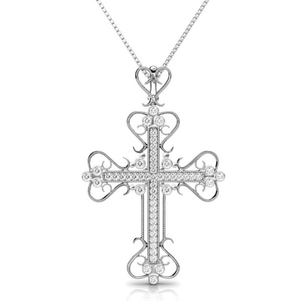 Christian Religious 0.60CT Round Cut Diamonds (I-J Color and VS2-SI1 Clarity) 14KT White Gold Cross Pendant
