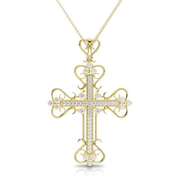 Christian Religious 0.60CT Round Cut Diamonds (I-J Color and VS2-SI1 Clarity) 14KT Yellow Gold Cross Pendant