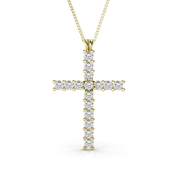 14KT Yellow Gold Religious Cross Diamond Pendant with 1.00CT (VS2-SI1 Clarity and I-J Color) Round Cut Diamonds