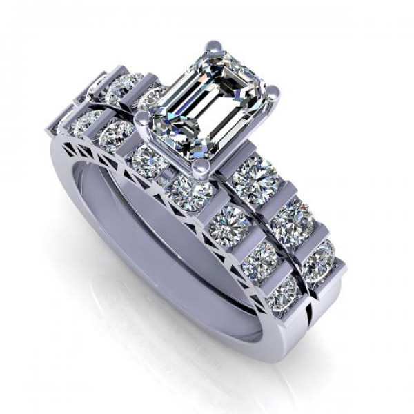 1.45CT emerald and round cut diamonds bridal set
