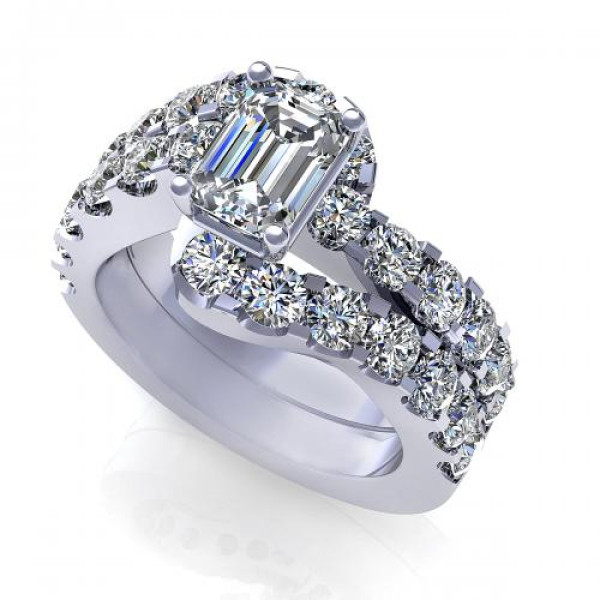 2.95CT emerald and round cut diamonds bridal set