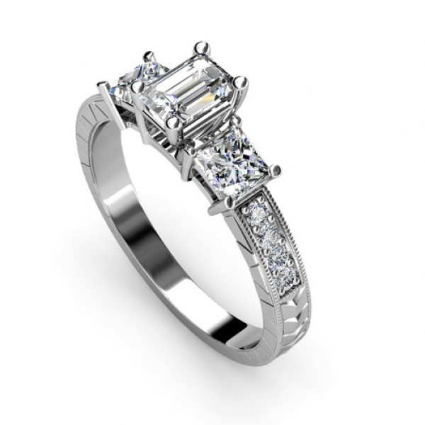 1.05CT Emerald and Round Cut Diamonds Engagement Ring
