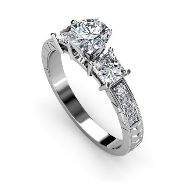 1.05CT Princess and Round Cut Diamonds Engagement Ring